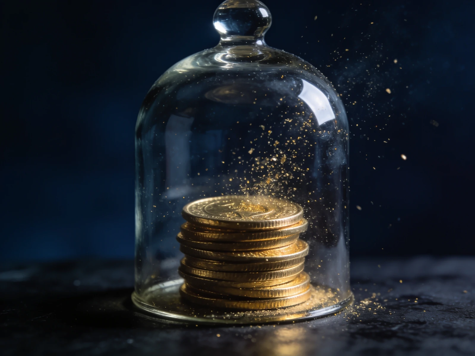 A sealed glass jar of gold coins with dust escaping into the dark