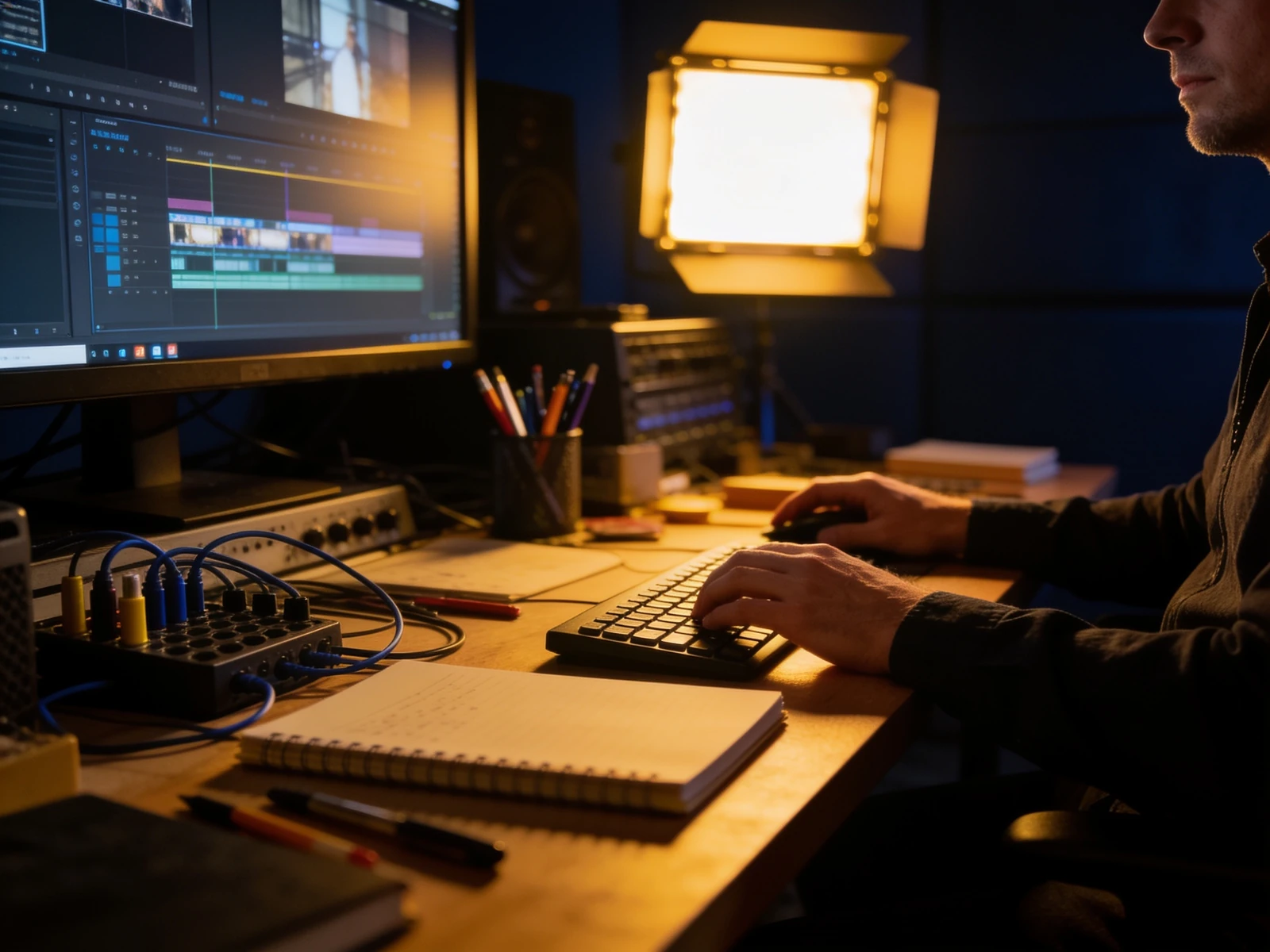 Human-led creative work at a warm-lit editing desk