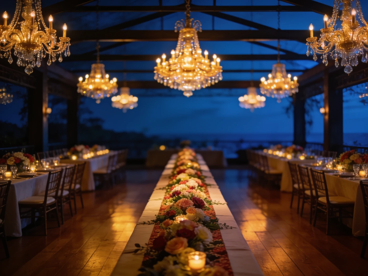 Indian wedding banquet hall dressed with marigold florals
