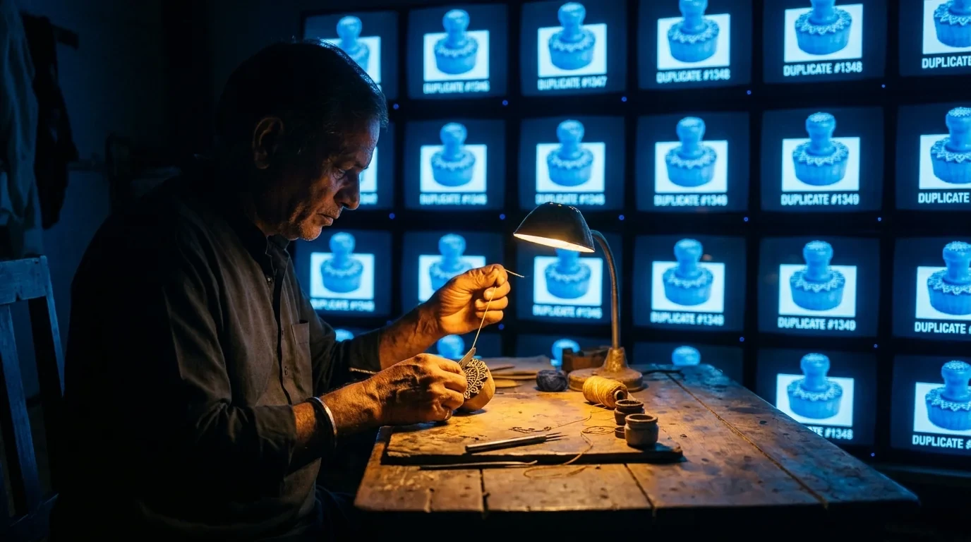 A skilled artisan working by warm light beside cold machine-made duplicates