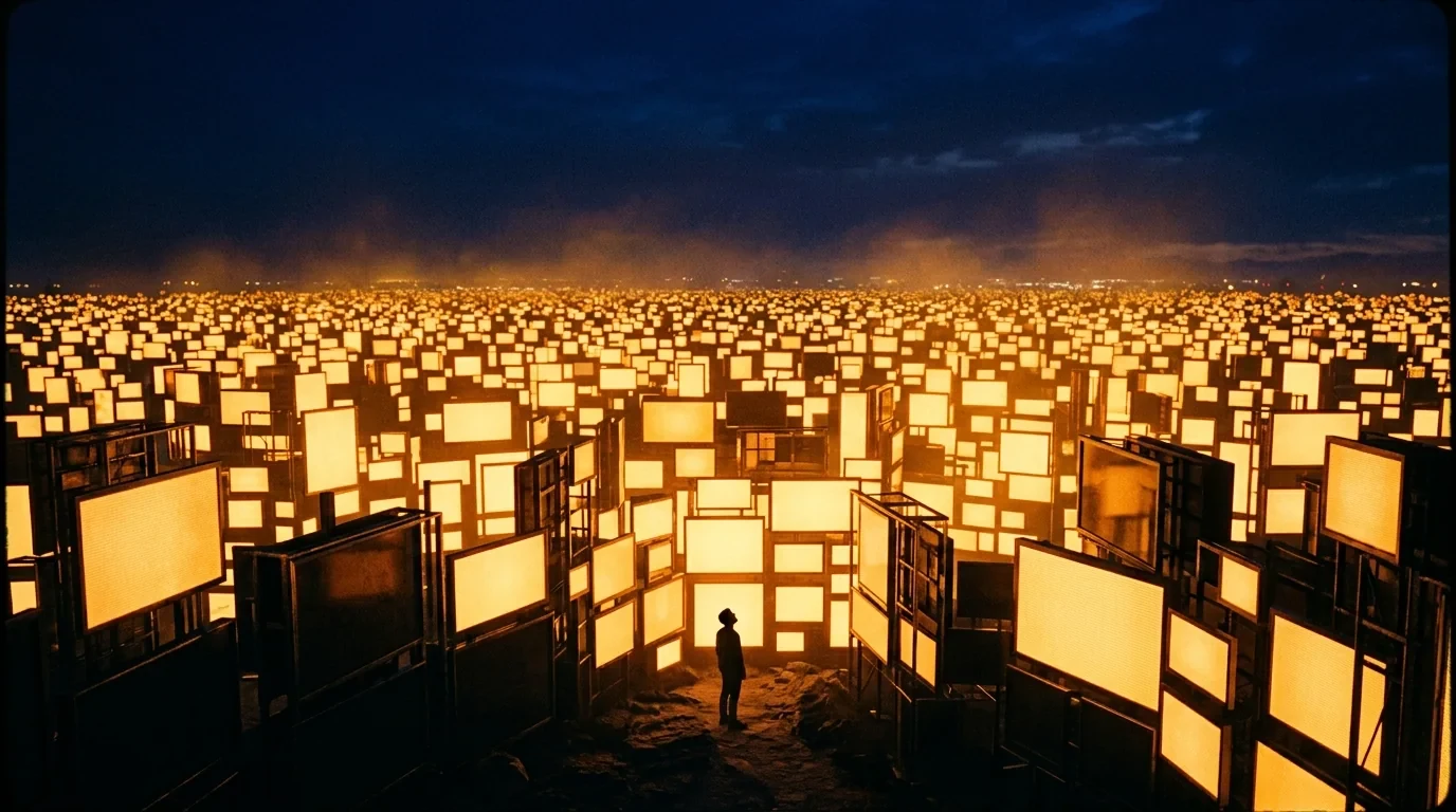 A crowded field of glowing advertising screens stretching to the horizon
